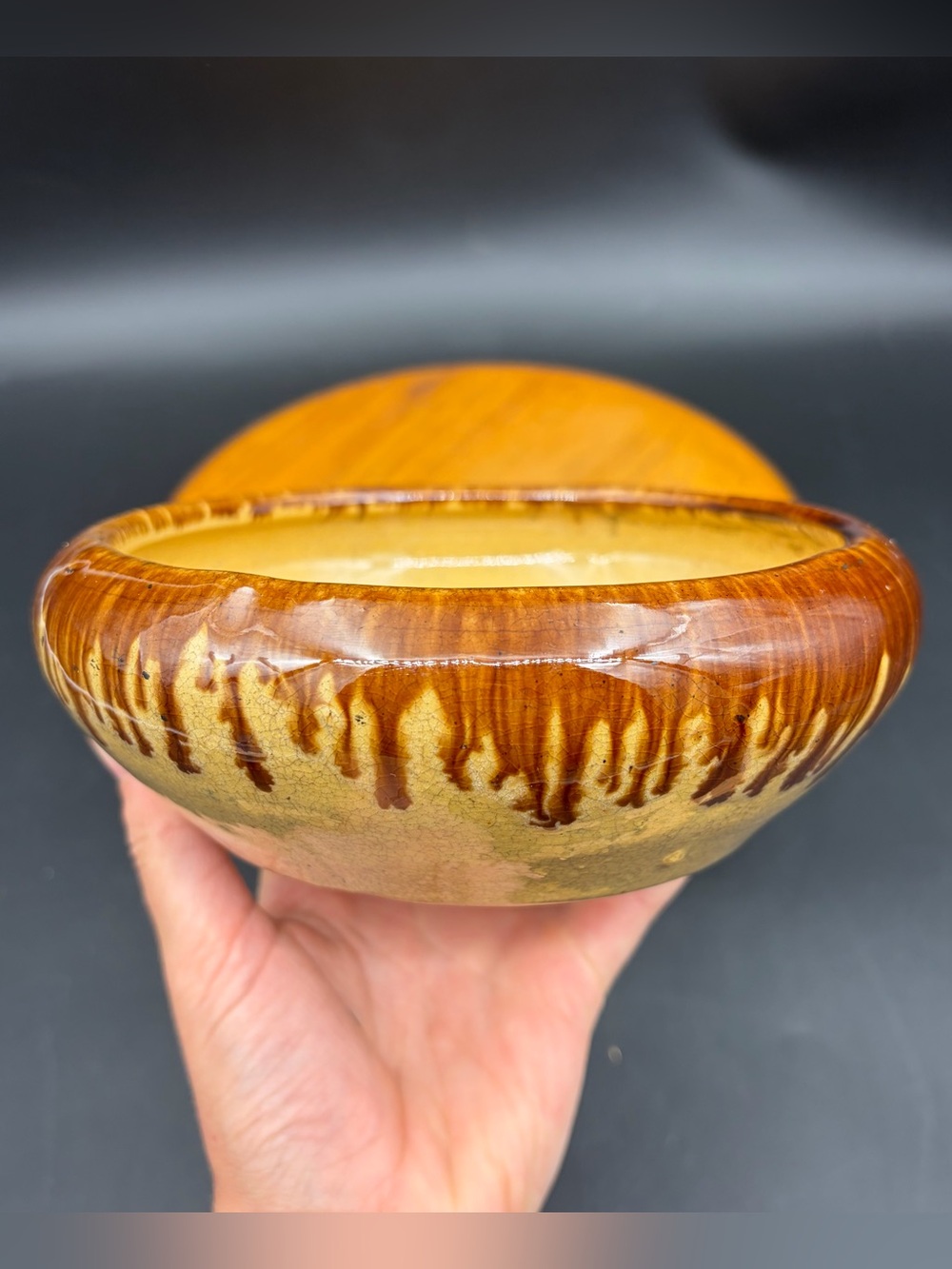 Vintage Ceramic Brown Drip Glaze Pottery Short Round Planter 7” X 2.5” Tall
